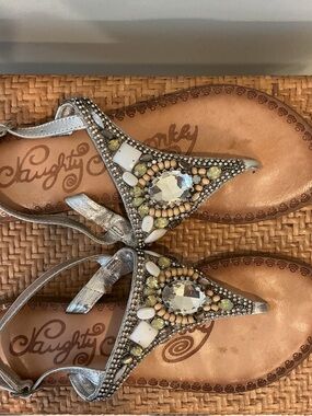 Naughty Monkey Silver Cream Green Jeweled T-Strap Thong Back Strap Flat Sandals